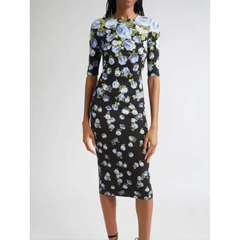 NEW Alice + Olivia Delora Floral Jersey Midi Dress Blue Rose Womens 2